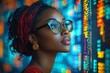 © Mark - A woman with hologram data reading future fintech insights. An African accountant thinking about financial crisis. A mistake, a night problem, and a woman with hologram data reading future fintech