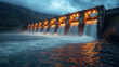 © Old Man Stocker - Illuminated Hydroelectric Dam at Dusk. Hydroelectric dam lit up with warm lights in the evening, with water cascading through the open gates into a river below.