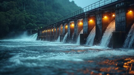 Wall Mural - Long Row of Water Spillways at Dam. Extensive row of spillways on a hydroelectric dam, demonstrating water management and energy production capabilities in an industrial setting.