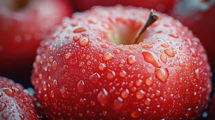 Sticker - Closeup of a Red Apple Covered in Water Droplets