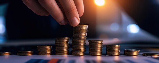 Wall Mural - Close-up image of hand stacking coins, representing investment and financial growth, with blurred background and warm lighting.