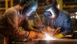 © Deedyy - Welder at work. Welder working in industrial setting with sparks flying.