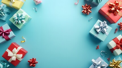 colorful gifts with ribbons and bows placed on. This festive image features a variety of colorfully wrapped gift boxes adorned with bows against a sof