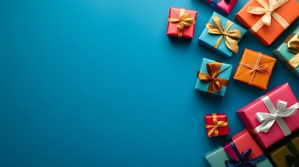 colorful gifts with ribbons and bows placed on. A vibrant arrangement of colorful gift boxes with ribbons against a bright blue background. 