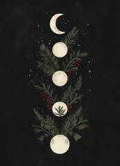 Poster - A minimalist and mystical illustration featuring moon phases, holly leaves, a dark background