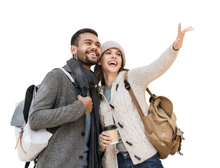 Beautiful happy couple winter portrait isolated transparent PNG, Young joyful smiling woman and man isolated transparency, Love, travel, tourism, students concept