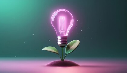 A glowing pink light bulb growing from a plant, symbolizing innovation and sustainable green energy on a teal background.