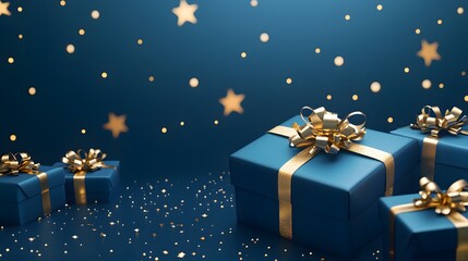 illustration of blue gifts with golden bows and. A beautifully arranged display of blue gift boxes adorned with gold ribbons and sparkly golden stars,