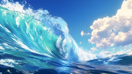 huge wave. A vibrant and dynamic view of a crashing ocean wave under a clear blue sky, capturing the essence of coastal beauty and natural energy. 