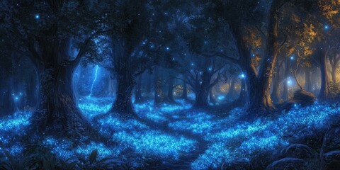 Canvas Print - Enchanted forest lit by glowing blue flowers.