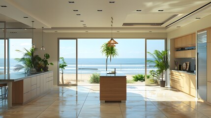 kitchen with beach coast view. a bright and modern beach house kitchen with large windows showcasing