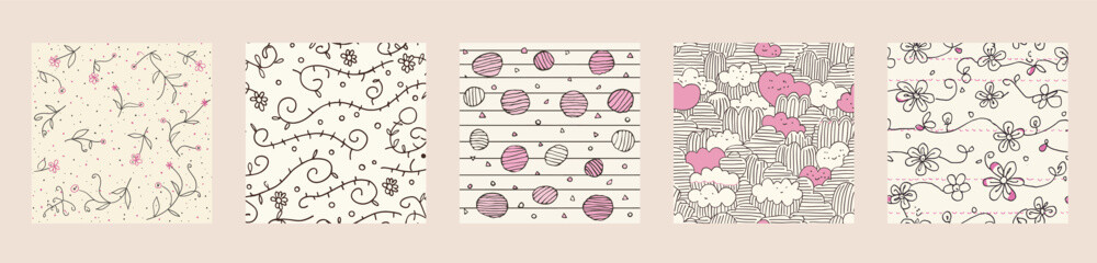 Flower doodle brush seamless pattern. Sketch hand drawn spring floral plant. Vector illustration .