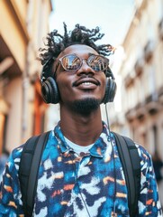 Wall Mural - Urban Vibes: Young Man with Headphones, Smiling at Camera