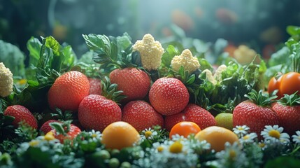 Wall Mural - A Close-Up View of Fresh Strawberries and Other Fruits Surrounded by Green Leaves