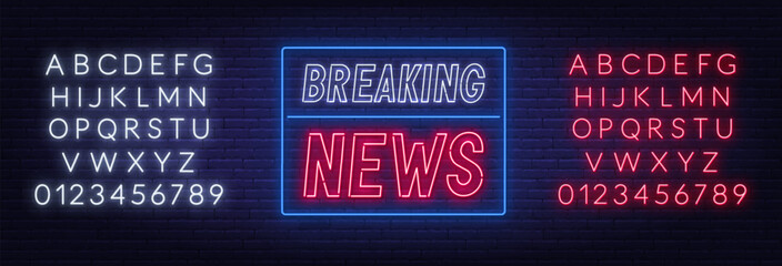 Wall Mural - Breaking News Neon Sign on brick wall background..