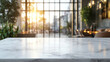 © ChubbyCat - Marble Table,  A blank white marble table top is set against a blurred glass window in a cafe, perfect for showcasing your products or marketing materials