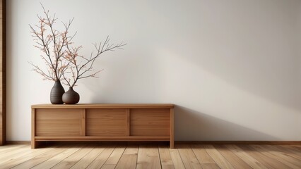 Wooden Cabinet with Two Vases of Dried Branches and Flowers Against a White Wall