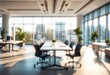 © Dzikrul Husnani - Beautiful blurred background of a light modern office interior with panoramic windows and beautiful lighting, ai