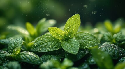 Wall Mural - Fresh Green Leaves with Dew Drops