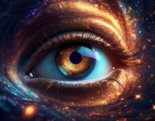 Wall Mural - shining golden eye with clear iris in universe galaxy