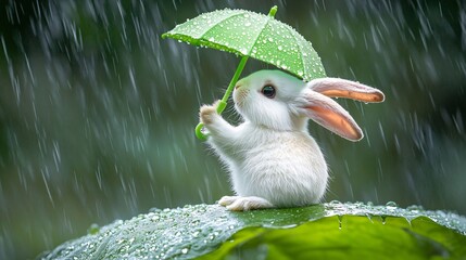 A baby hare sits on a green leaf and covers itself from the rain with a green leaf umbrella