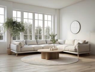 Wall Mural - Minimalist Living Room with White Sofa and Wooden Coffee Table