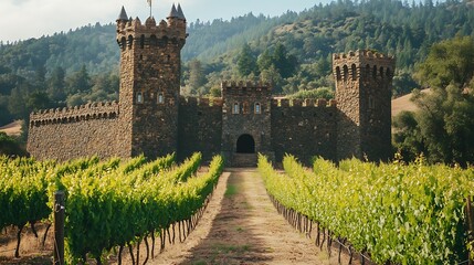 A stone castle with two towers sits in a vineyard, with rows of grapevines leading to the entrance.