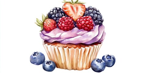 Watercolor illustration of a cupcake topped with strawberries blueberries blackberries and raspberries