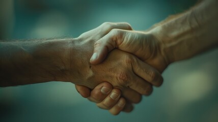 Close up of skilled business people hand making a deal and shaking hands. Macro shot of manager holding hands and making agreement at blurring background. Cooperation, collaboration, teamwork. AIG53.