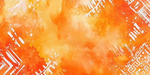 Poster - Watercolor illustration featuring an orange dyed fluid template with ethnic tribal patterns Incorporates white acrylic mixed washes and flowing acrylic paint with light liquid oil sprays