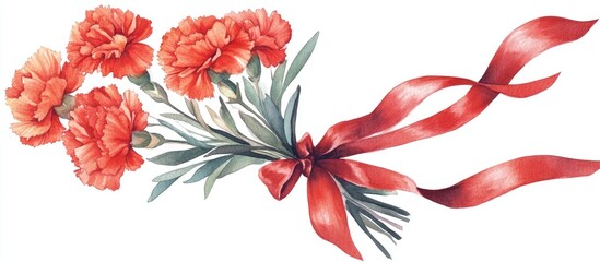 Wall Mural - Watercolor illustration of a bouquet featuring red carnation flowers tied with a red satin ribbon presented on a white background