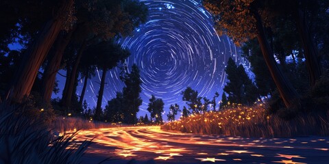 Fototapete - 3D cartoon depiction of star trails in a night forest setting