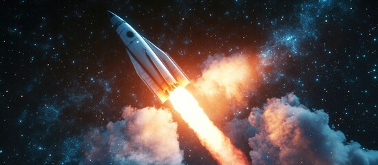 Poster - Successful launch of a space rocket into outer space in a 3D cartoon rendering Spaceship lifting off into a starry sky symbolizing travel and exploration of other planets