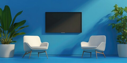 3D rendering of two chairs positioned near a blue wall featuring an LCD TV