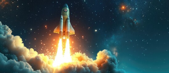 Poster - 3D cartoon rendering of a new spaceship shuttle successfully lifting off into the starry sky with blasts and puffs of smoke Space mission and rocket launch