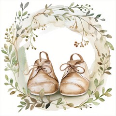 watercolor cute and adorable baby shoes inside of wreath, beige colors on white background 