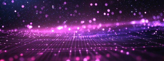 Poster - Abstract ultraviolet landscape with a dark background featuring a purple cyberspace grid high tech network and violet starry outer space texture in 3D cartoon rendering