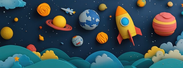 Aufkleber - Collage of space science and education items in a 3D cartoon rendering featuring a beautiful night sky with stars