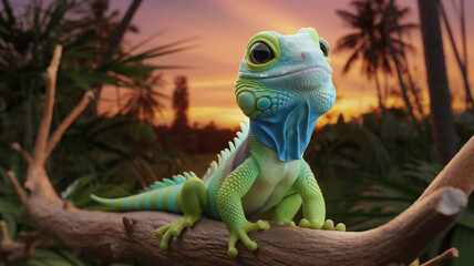 Wall Mural - A 3D render of a cute baby iguana with green and blue scales sitting on a branch.