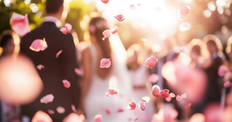 Wall Mural - rose petals falling from the sky at an outdoor wedding ceremony, with the focus on the bride and groom in the blurred background