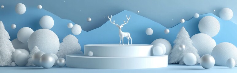 Aufkleber - 3D rendering of an abstract holiday scene featuring a blue background and a white podium with a reindeer