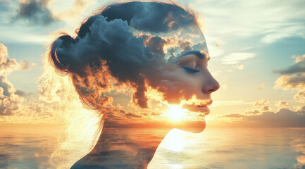 Wall Mural - the profile portrait of an attractive woman with long hair, clouds forming her shape in front of a sunset on the beach