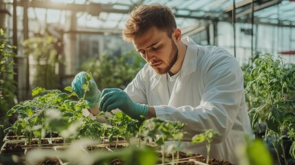 Wall Mural - Focused Young Scientist Examining Plant Growth in a Greenhouse