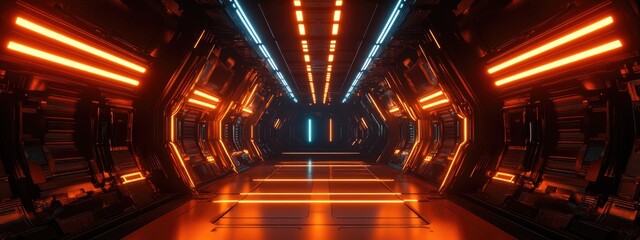 Leinwandbilder - 3D rendering of a neon glow sci fi futuristic background featuring an abstract corridor tunnel with a spaceship
