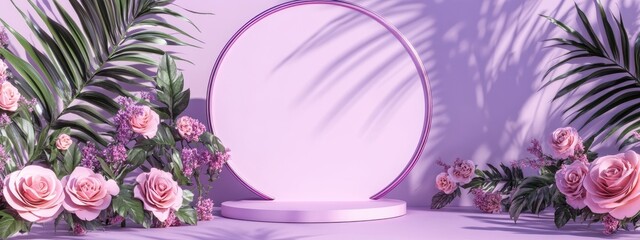 Leinwandbilder - 3D podium presentation featuring a pastel purple backdrop with rose flowers a circular frame and palm leaf shadows Minimalistic pedestal designed for beauty and cosmetic products ideal for a femin
