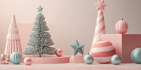 Aufkleber - 3D render illustration featuring festive elements like Christmas ornaments stars and a Christmas tree on a product display platform Winter themed decor with a minimalistic design for the holiday se