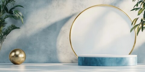 Aufkleber - 3D render of an empty space featuring a white and blue cylinder podium with a gold ring and sphere in the background