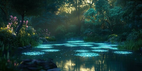 Wall Mural - Mystical pond with glowing water in a forest.