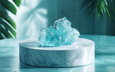 Aufkleber - 3D abstract minimal background featuring an aquamarine blue crystal nugget on a marble cylinder pedestal serving as a showcase podium for a blank product display mockup Isolated objects emphasize