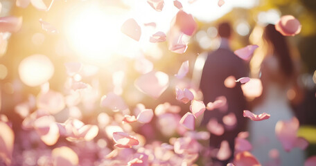 Wall Mural - rose petals falling from the sky at an outdoor wedding ceremony, with the focus on the bride and groom in the blurred background